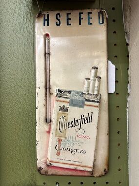 Chesterfield King Cigarettes Vintage Metal Thermometer Sign - Cream & Blue